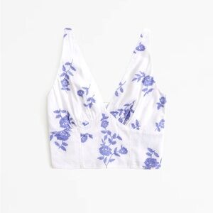 Abercrombie & Fitch plunge neck linen blend top with floral embriodery in white